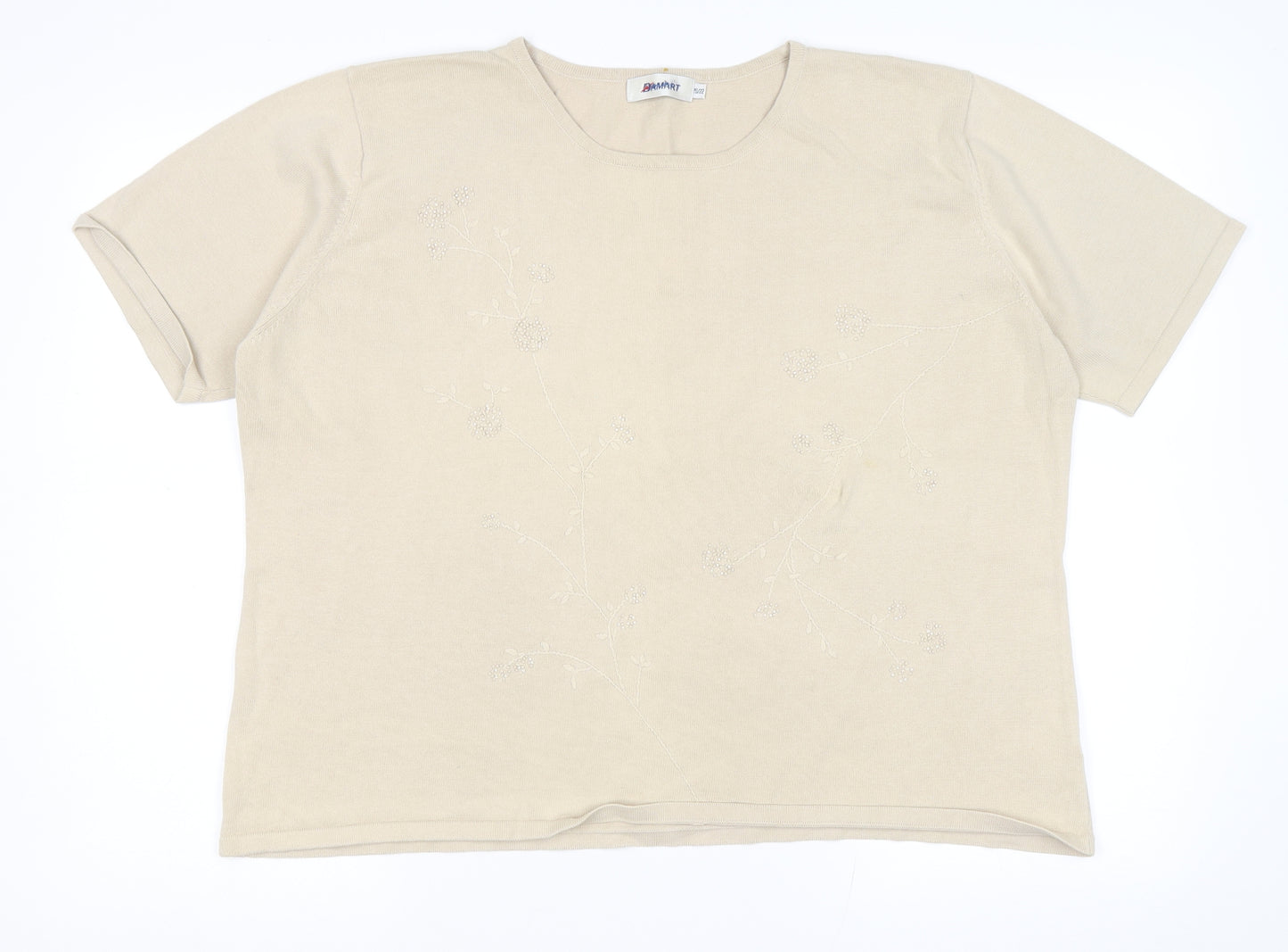 Damart Womens Beige Round Neck Floral Cotton Pullover Jumper Size 20