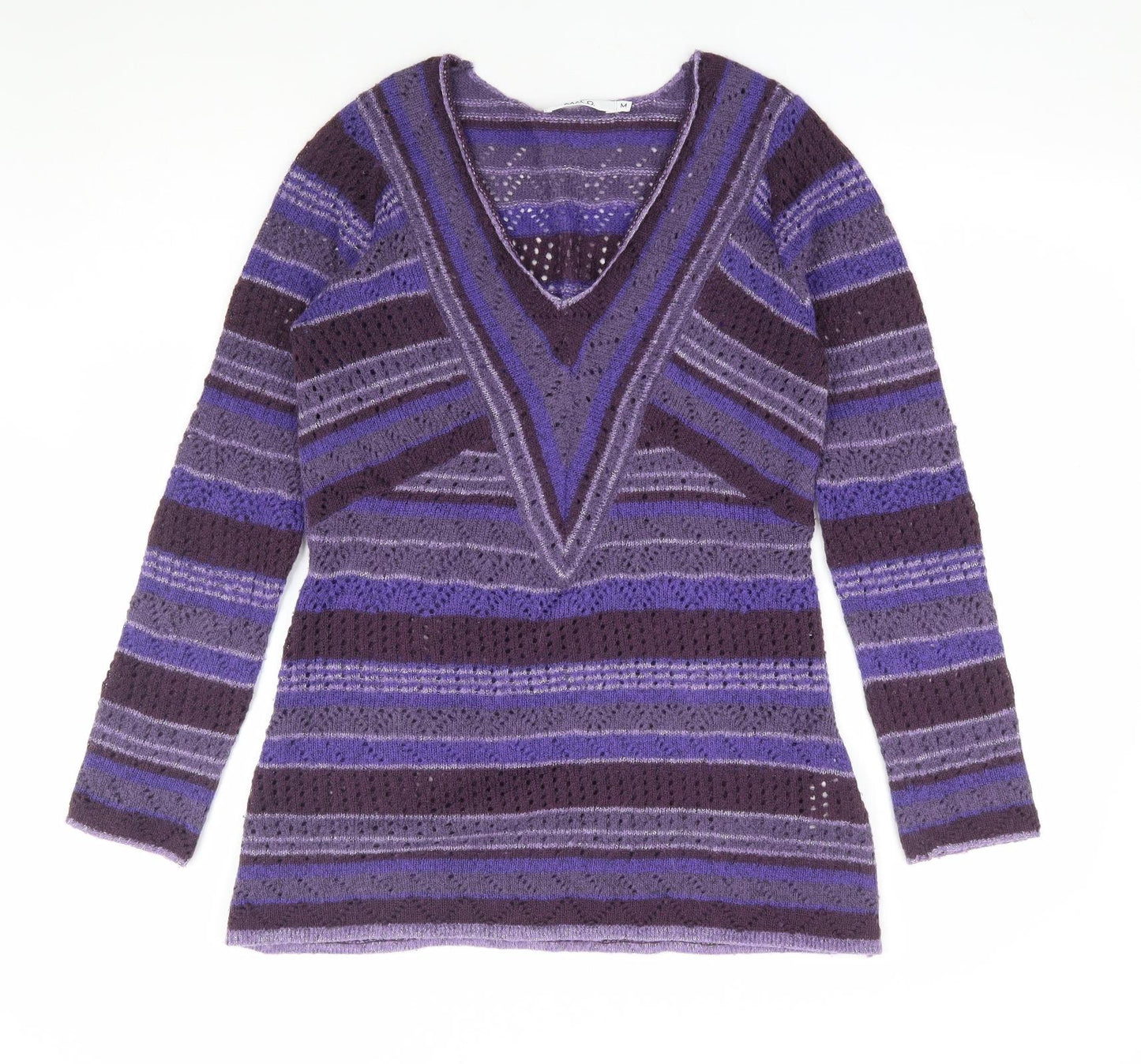M&Co Womens Purple V-Neck Striped Acrylic Tunic Jumper Size M