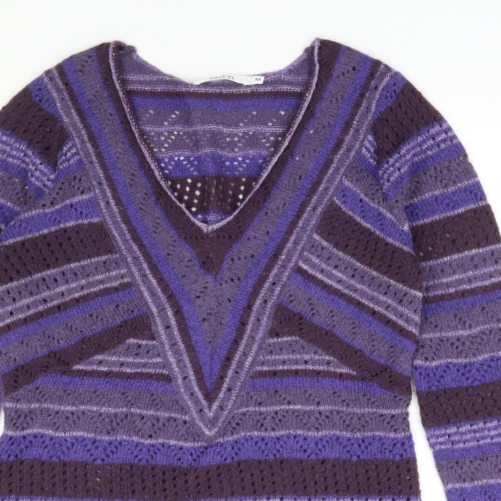M&Co Womens Purple V-Neck Striped Acrylic Tunic Jumper Size M