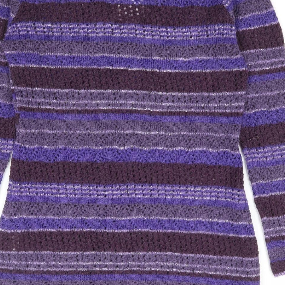 M&Co Womens Purple V-Neck Striped Acrylic Tunic Jumper Size M