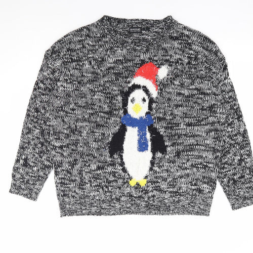Avenue Collection Womens Grey Round Neck Acrylic Pullover Jumper Size L - Christmas Penguin
