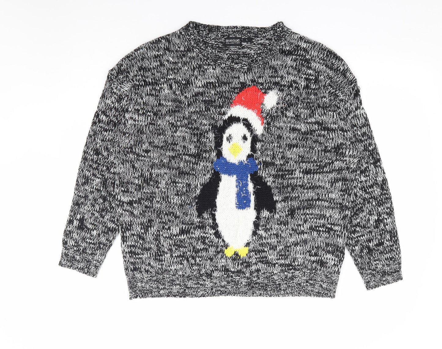 Avenue Collection Womens Grey Round Neck Acrylic Pullover Jumper Size L - Christmas Penguin