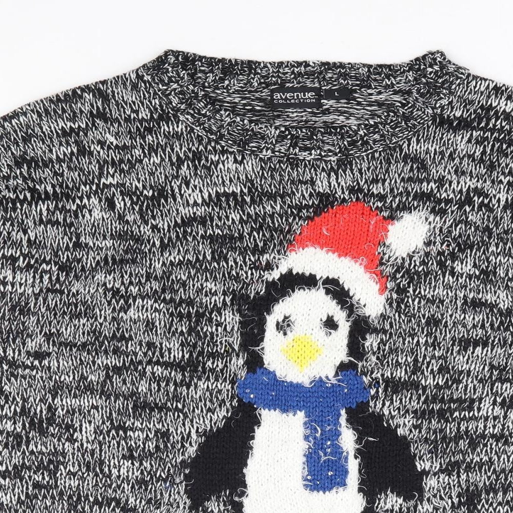 Avenue Collection Womens Grey Round Neck Acrylic Pullover Jumper Size L - Christmas Penguin