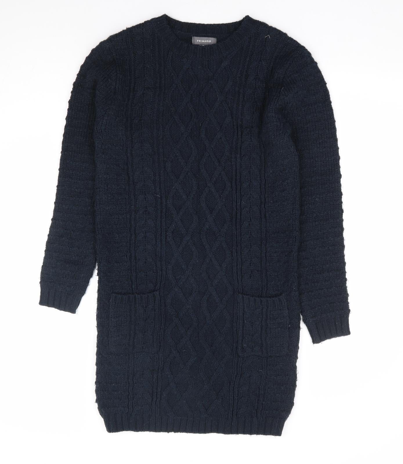 Primark Womens Blue Acrylic Jumper Dress Size 4 Round Neck Pullover - Cable Knit