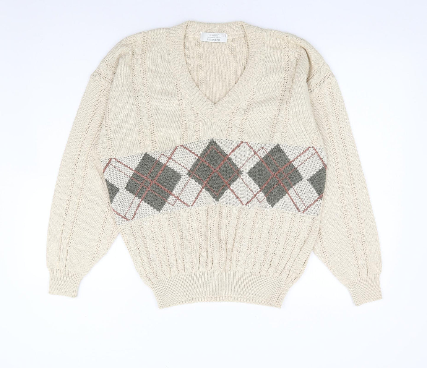 St Bernard Mens Beige V-Neck Argyle/Diamond Acrylic Pullover Jumper Size S