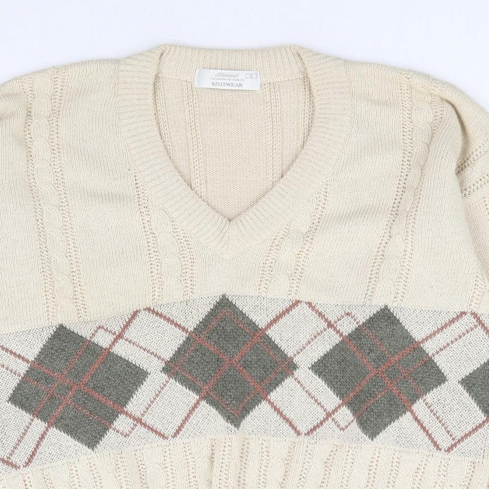 St Bernard Mens Beige V-Neck Argyle/Diamond Acrylic Pullover Jumper Size S