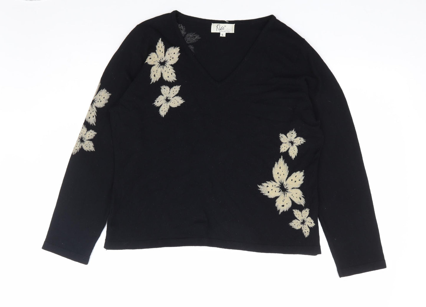 Klass Womens Black V-Neck Floral Viscose Pullover Jumper Size L