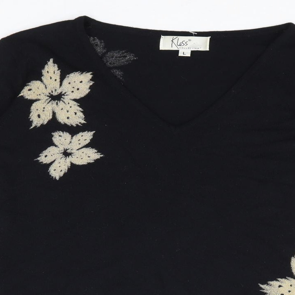 Klass Womens Black V-Neck Floral Viscose Pullover Jumper Size L