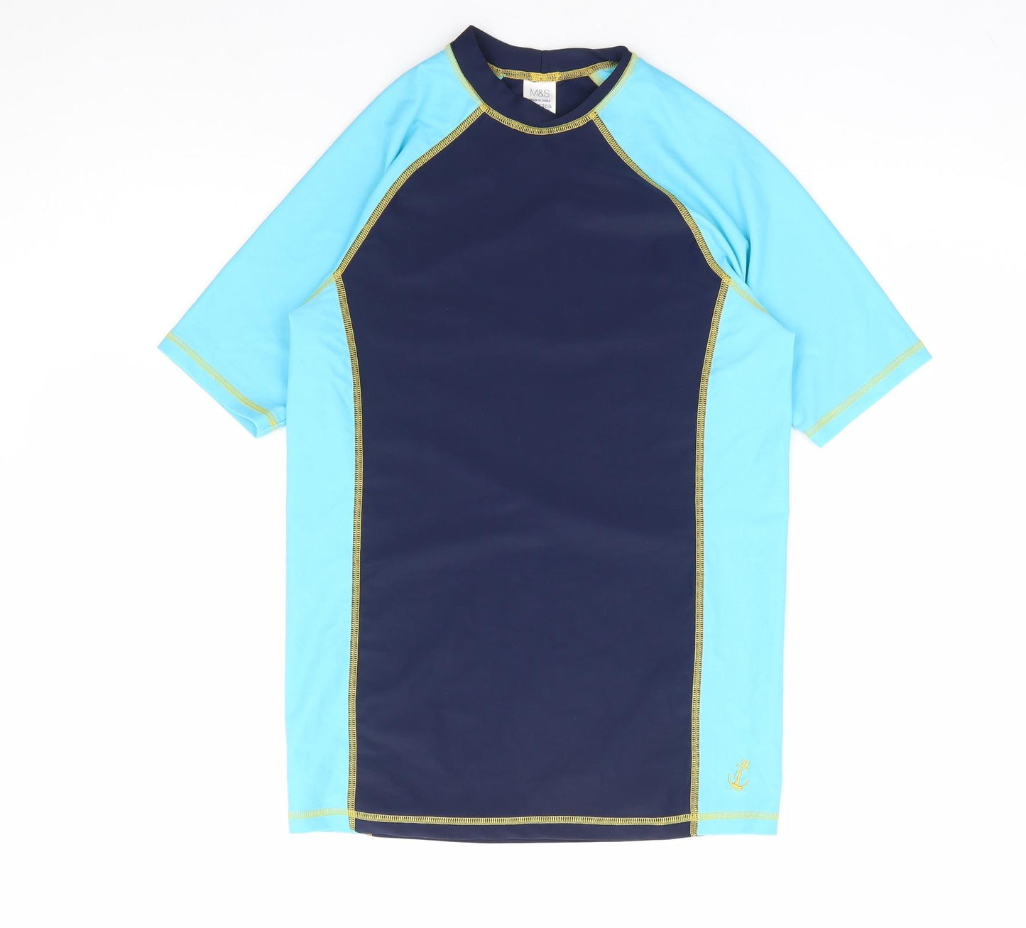 Marks and Spencer Boys Blue Polyamide Basic T-Shirt Size 13-14 Years Crew Neck Pullover - Rash Guard