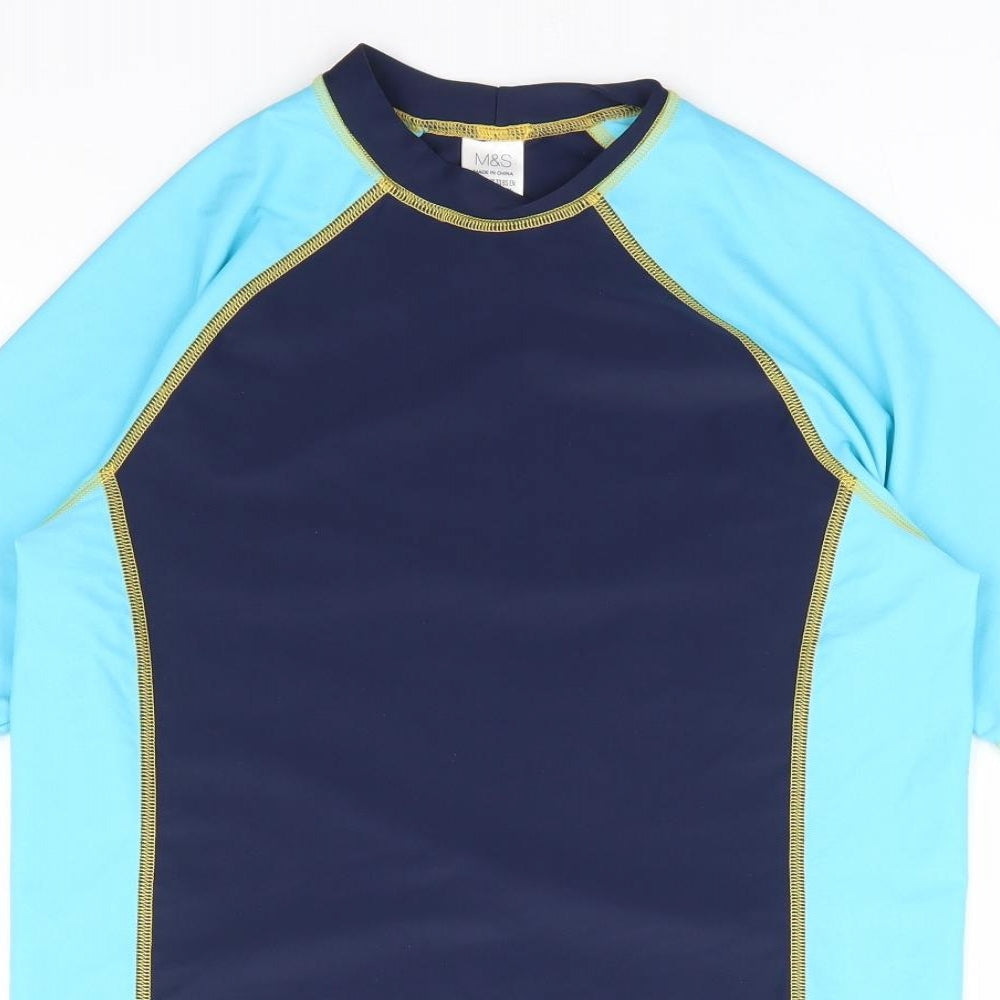 Marks and Spencer Boys Blue Polyamide Basic T-Shirt Size 13-14 Years Crew Neck Pullover - Rash Guard