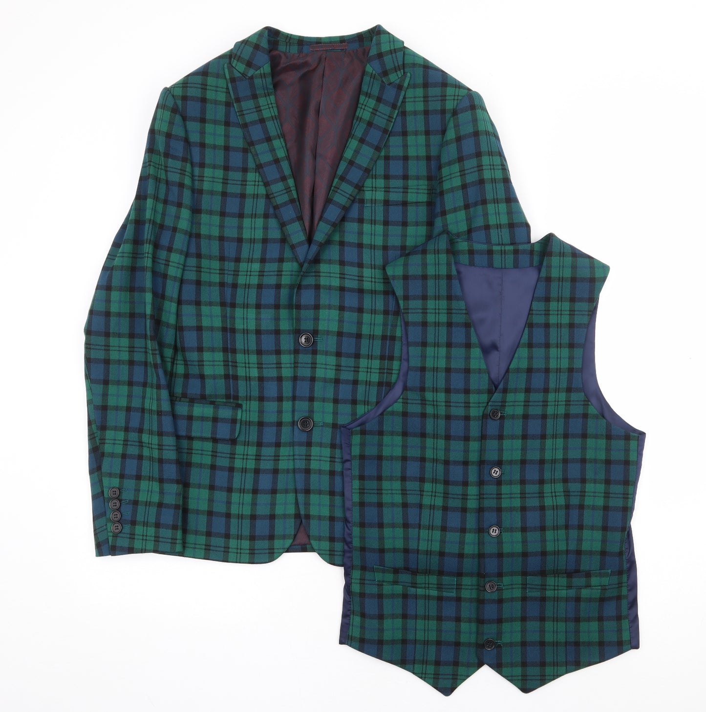 ASOS Mens Green Plaid Polyester 3 Piece Suit Size 36