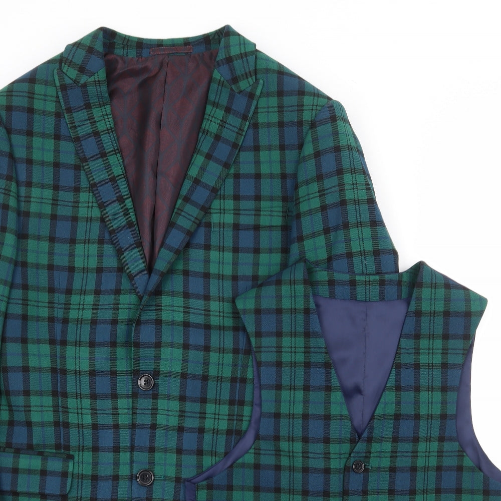 ASOS Mens Green Plaid Polyester 3 Piece Suit Size 36