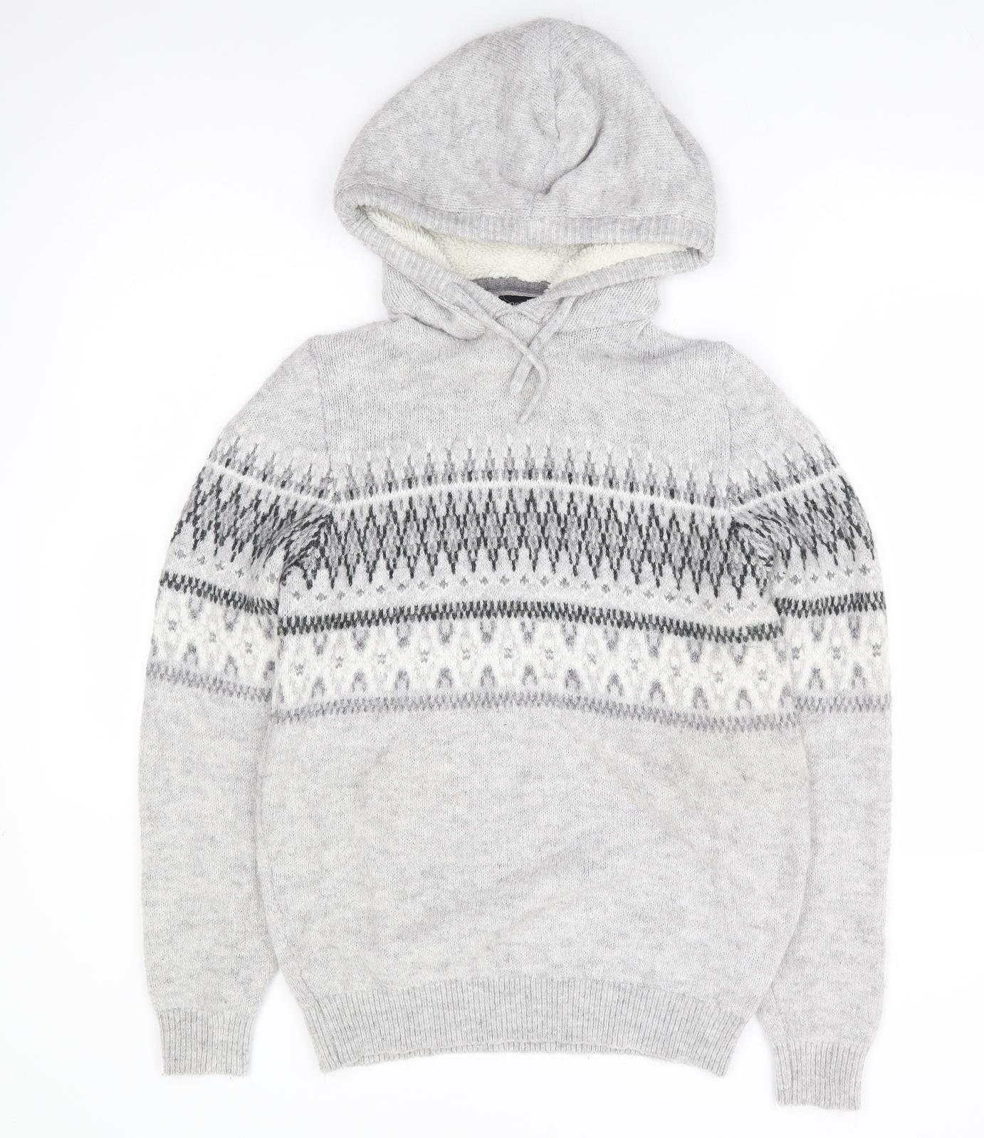 NEXT Womens Grey Fair Isle Acrylic Pullover Hoodie Size S Pullover
