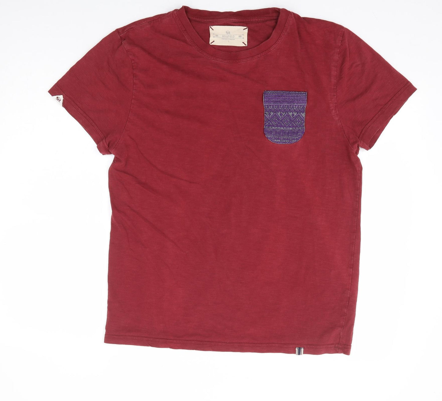 Bellfield Mens Red Cotton T-Shirt Size L Round Neck - Pocket Detail