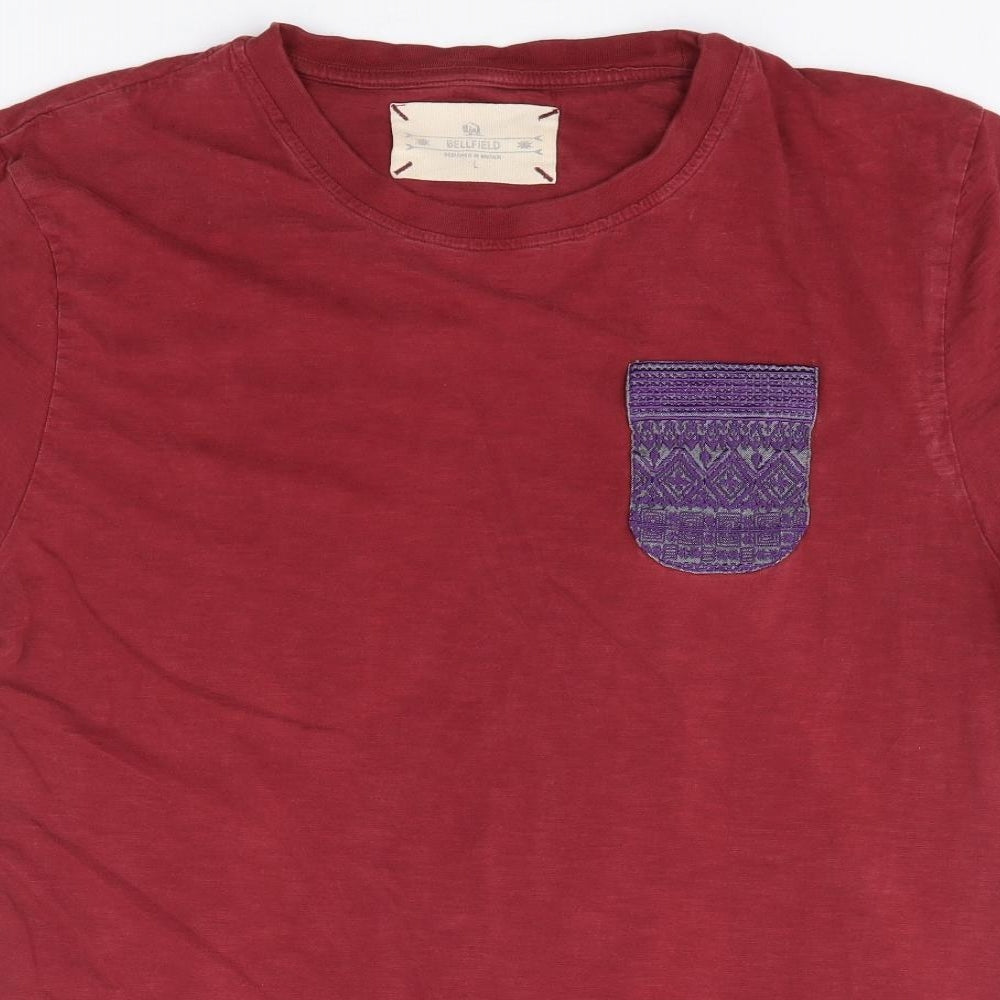 Bellfield Mens Red Cotton T-Shirt Size L Round Neck - Pocket Detail