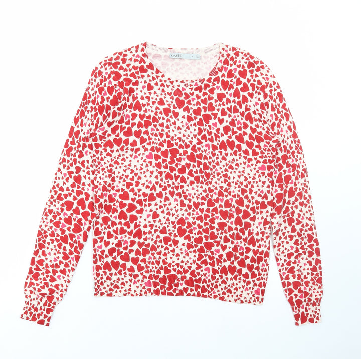 Oasis Womens Multicoloured Round Neck Geometric Cotton Pullover Jumper Size S - Heart Print