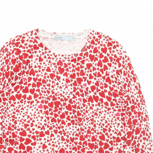 Oasis Womens Multicoloured Round Neck Geometric Cotton Pullover Jumper Size S - Heart Print