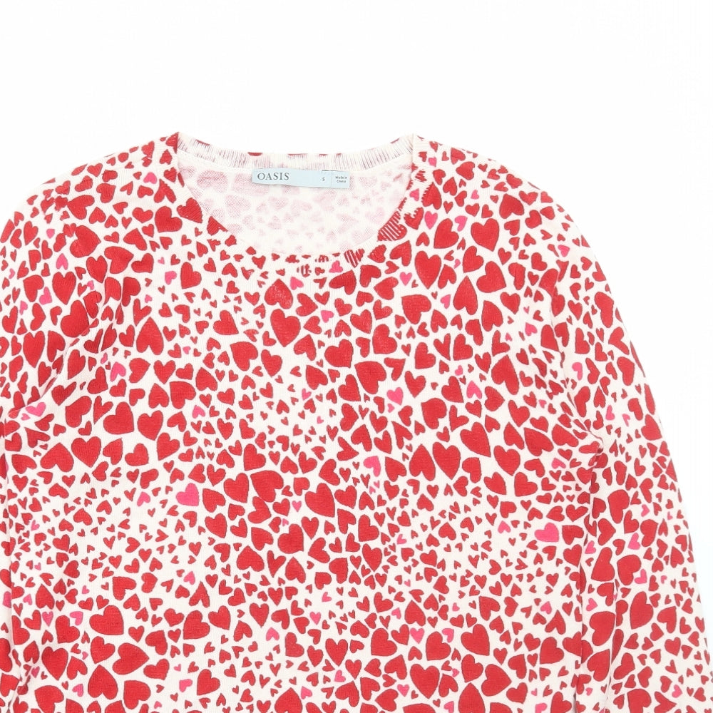 Oasis Womens Multicoloured Round Neck Geometric Cotton Pullover Jumper Size S - Heart Print