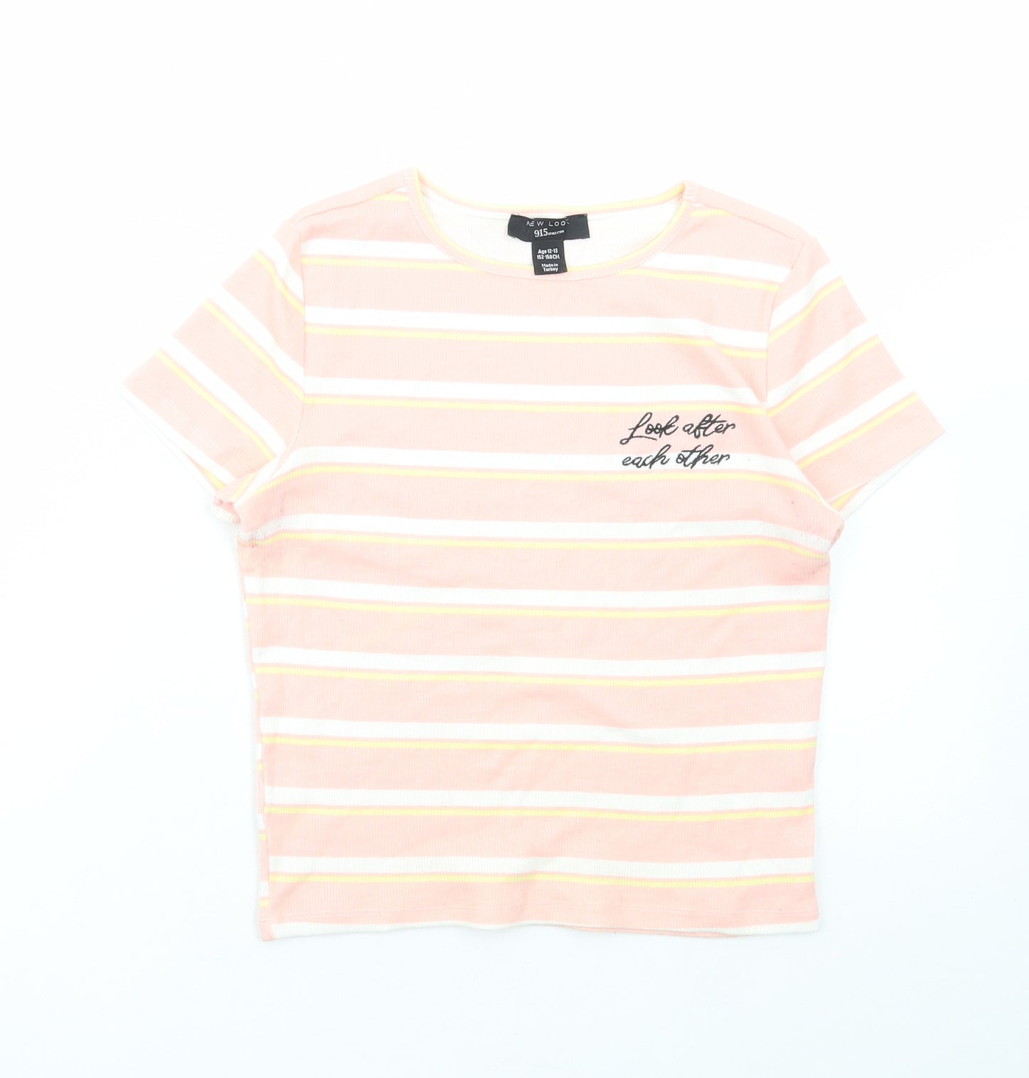 New Look Girls Pink Striped Cotton Basic T-Shirt Size 12-13 Years Round Neck Pullover - Look after eachother