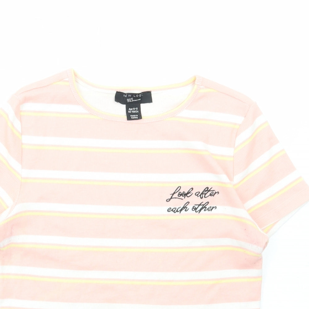 New Look Girls Pink Striped Cotton Basic T-Shirt Size 12-13 Years Round Neck Pullover - Look after eachother