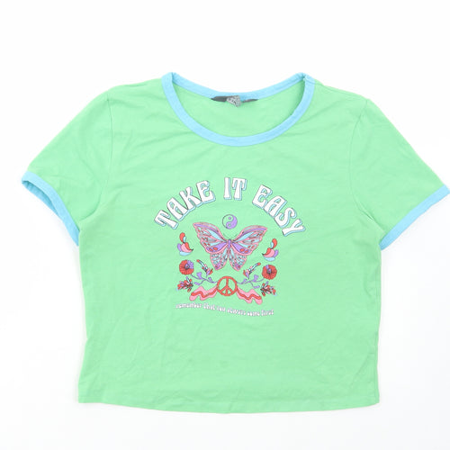Primark Womens Green Cotton Cropped T-Shirt Size M Round Neck - Take it easy