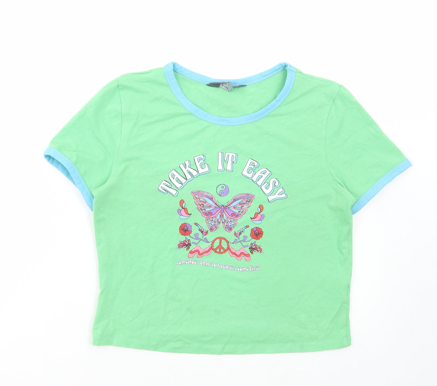 Primark Womens Green Cotton Cropped T-Shirt Size M Round Neck - Take it easy