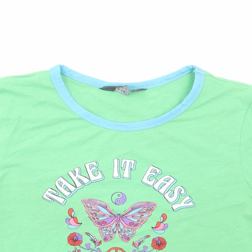 Primark Womens Green Cotton Cropped T-Shirt Size M Round Neck - Take it easy