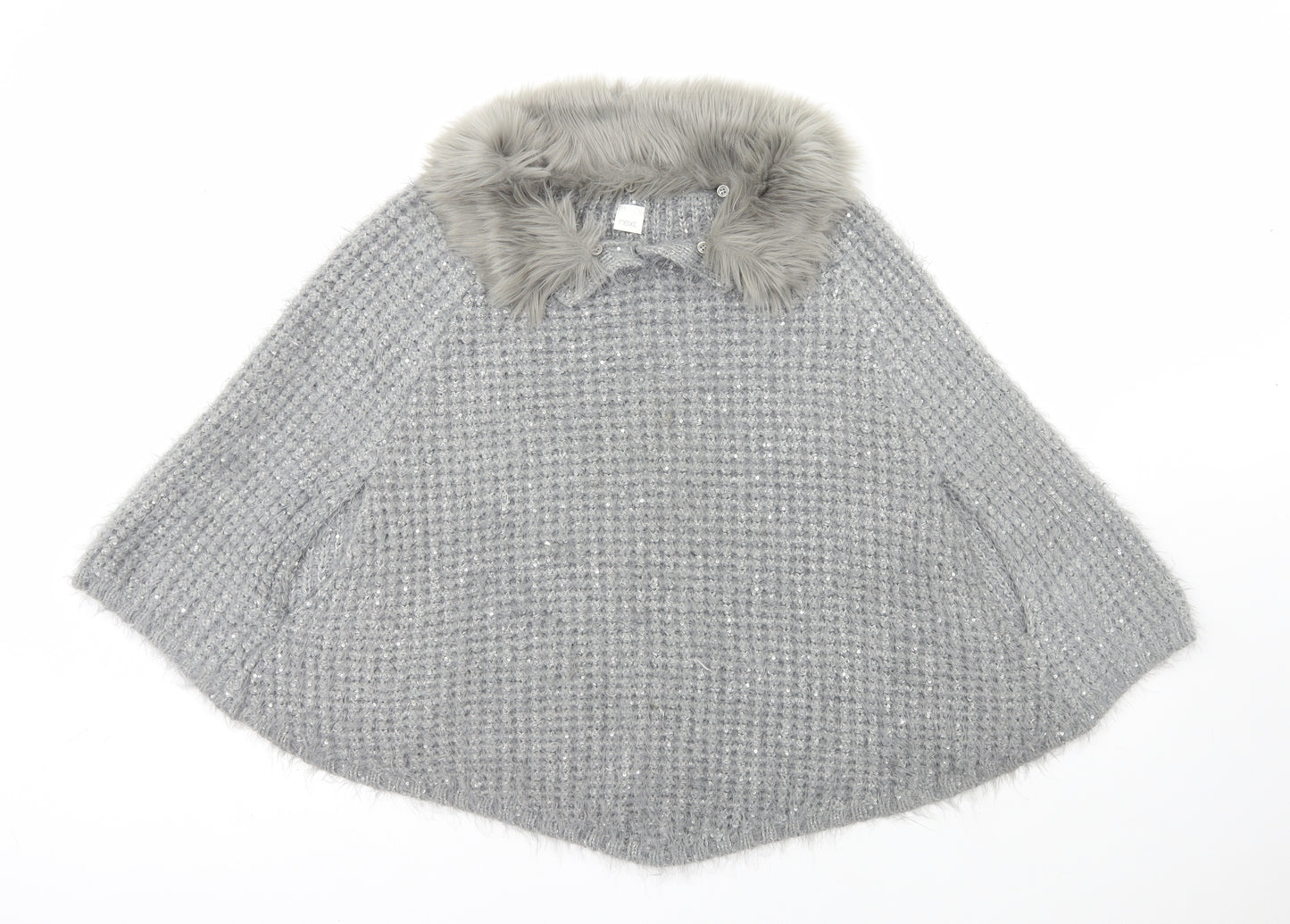 NEXT Girls Grey Collared Acrylic Cape Jumper Size 11-12 Years Pullover