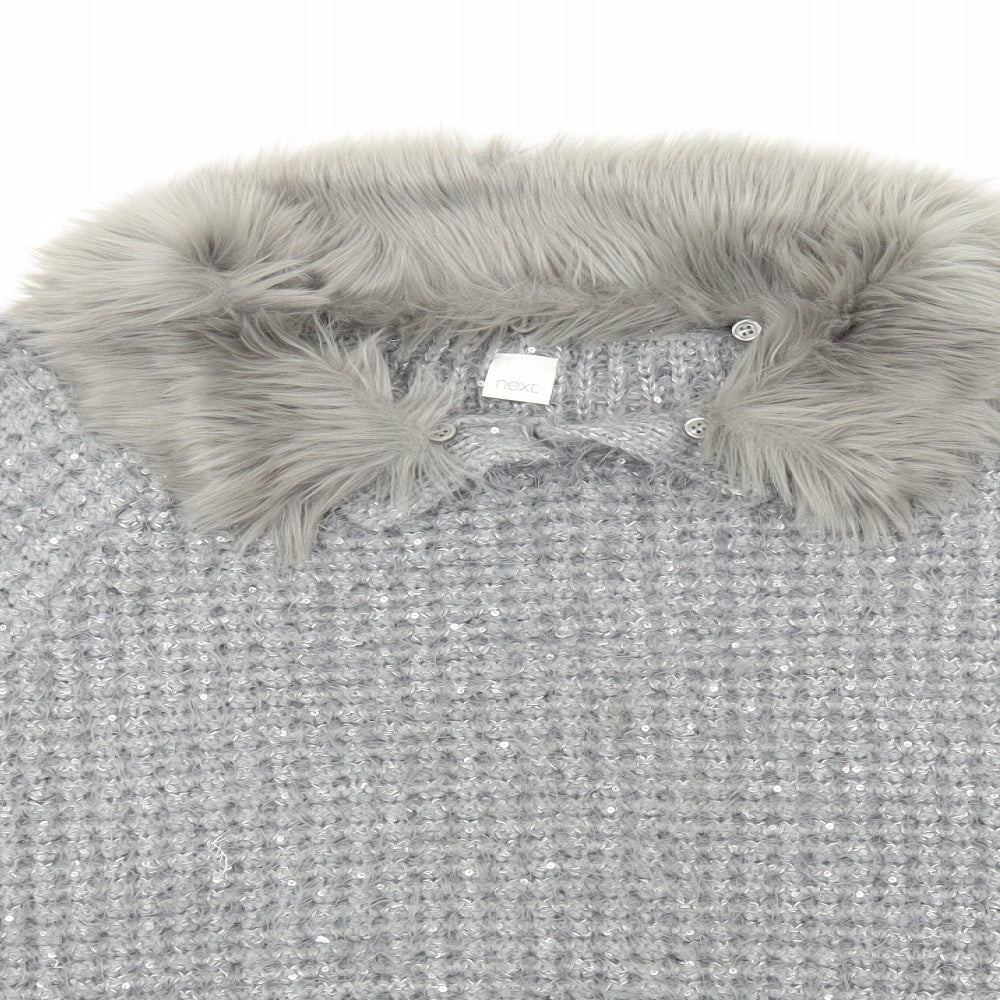 NEXT Girls Grey Collared Acrylic Cape Jumper Size 11-12 Years Pullover