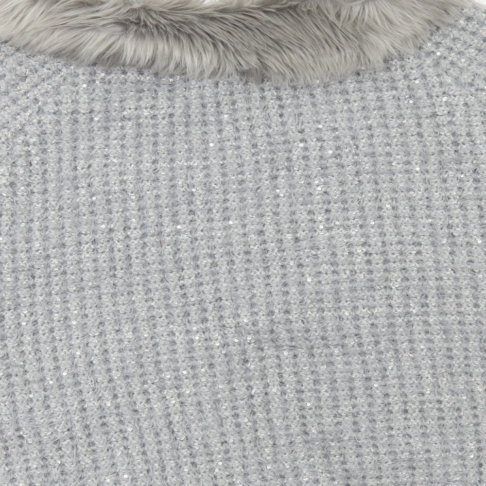 NEXT Girls Grey Collared Acrylic Cape Jumper Size 11-12 Years Pullover