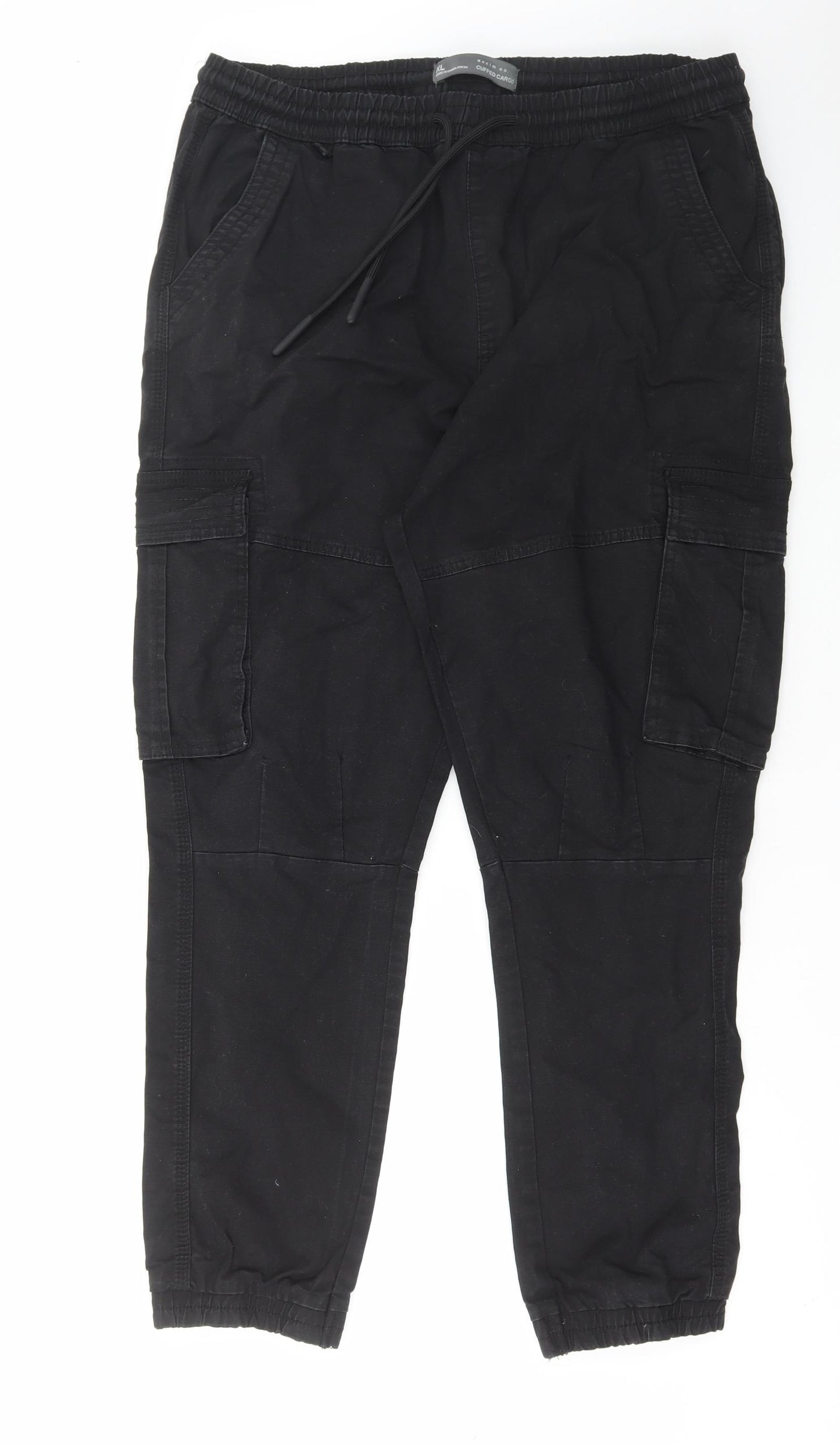 Primark Mens Black Cotton Cargo Trousers Size XL L28 in Regular Drawstring