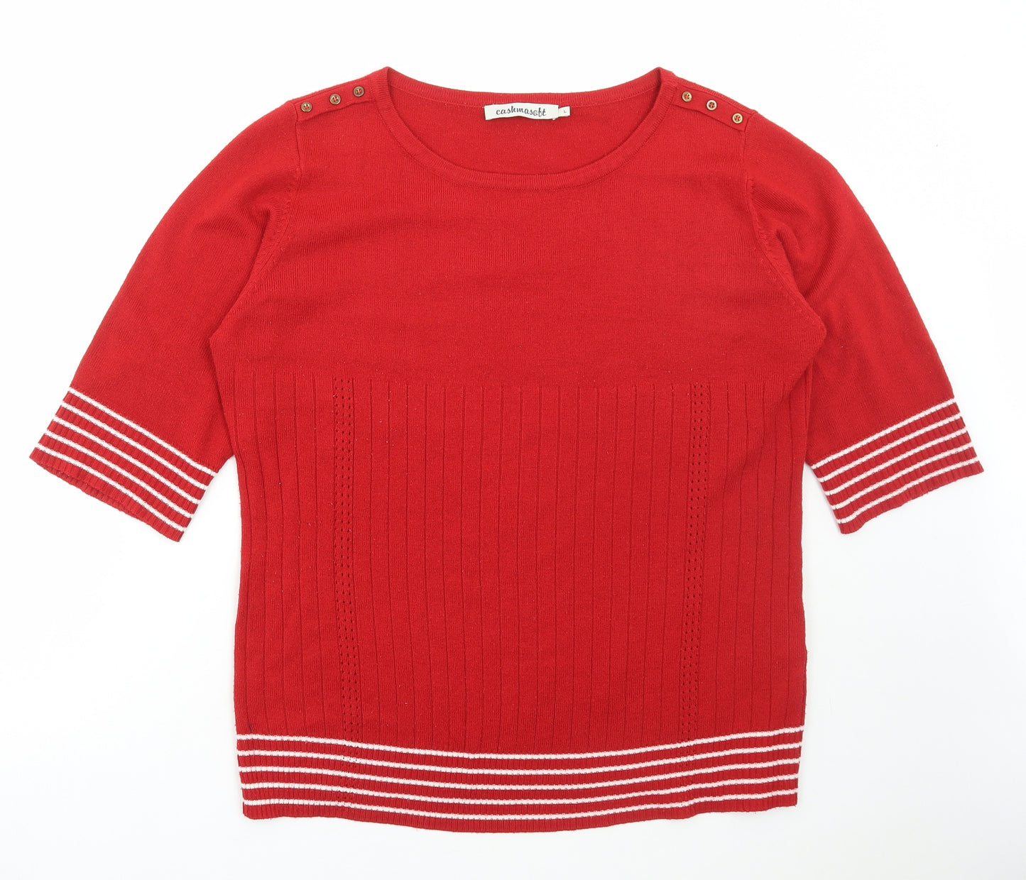 Cashmasoft Womens Red Round Neck Striped Acrylic Pullover Jumper Size L