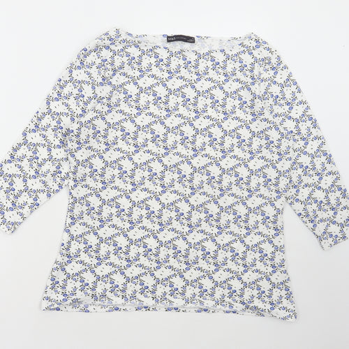 Marks and Spencer Womens White Floral Cotton Basic T-Shirt Size 16 Boat Neck