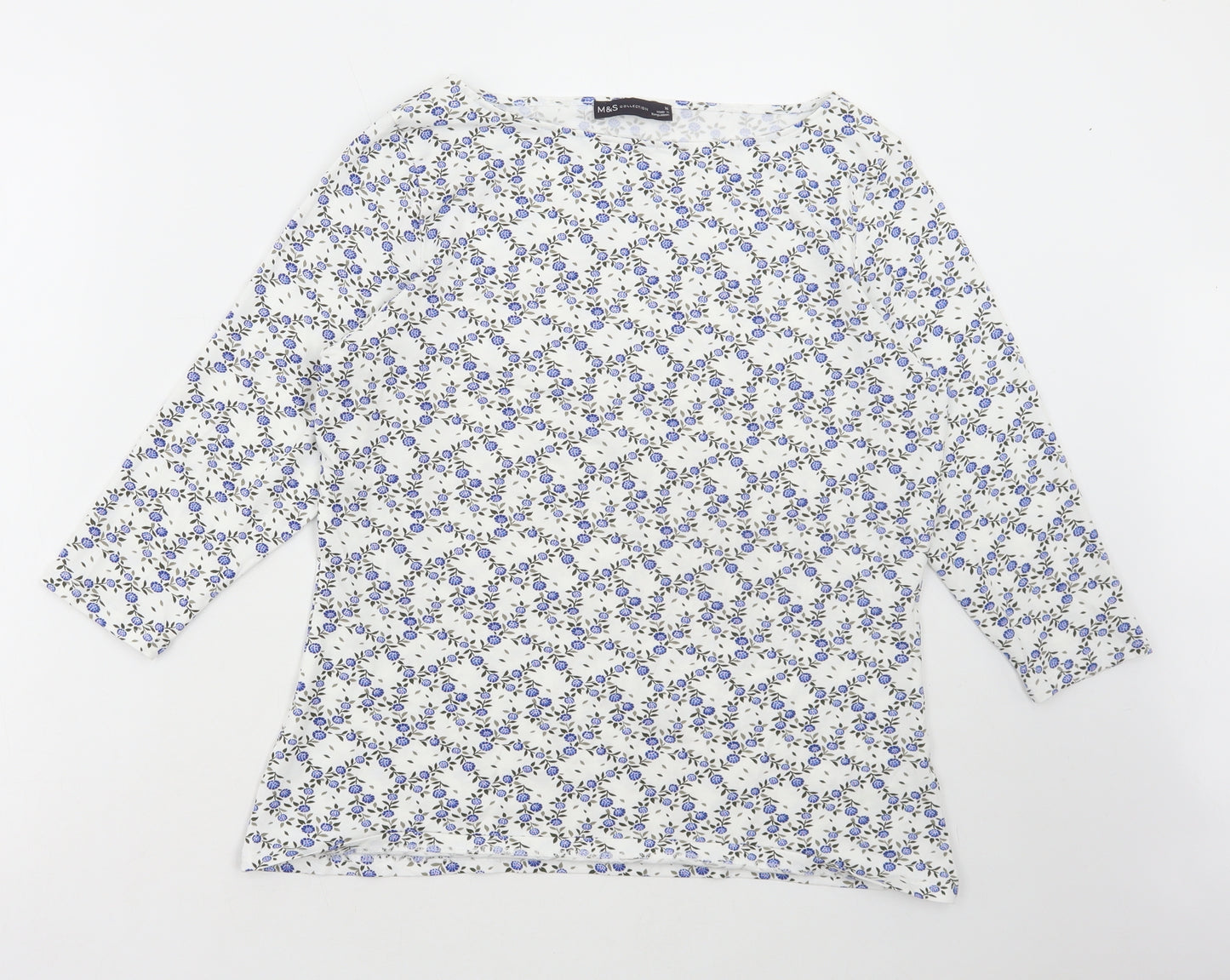 Marks and Spencer Womens White Floral Cotton Basic T-Shirt Size 16 Boat Neck