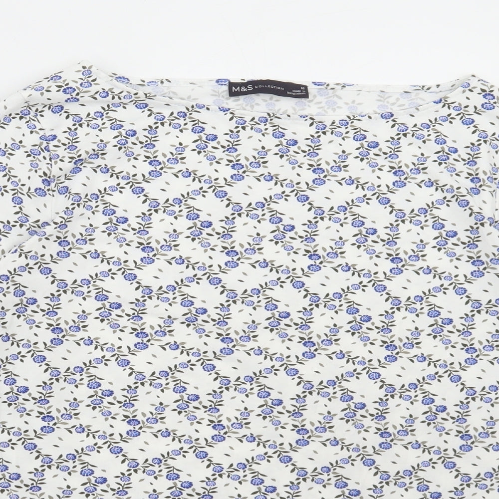 Marks and Spencer Womens White Floral Cotton Basic T-Shirt Size 16 Boat Neck