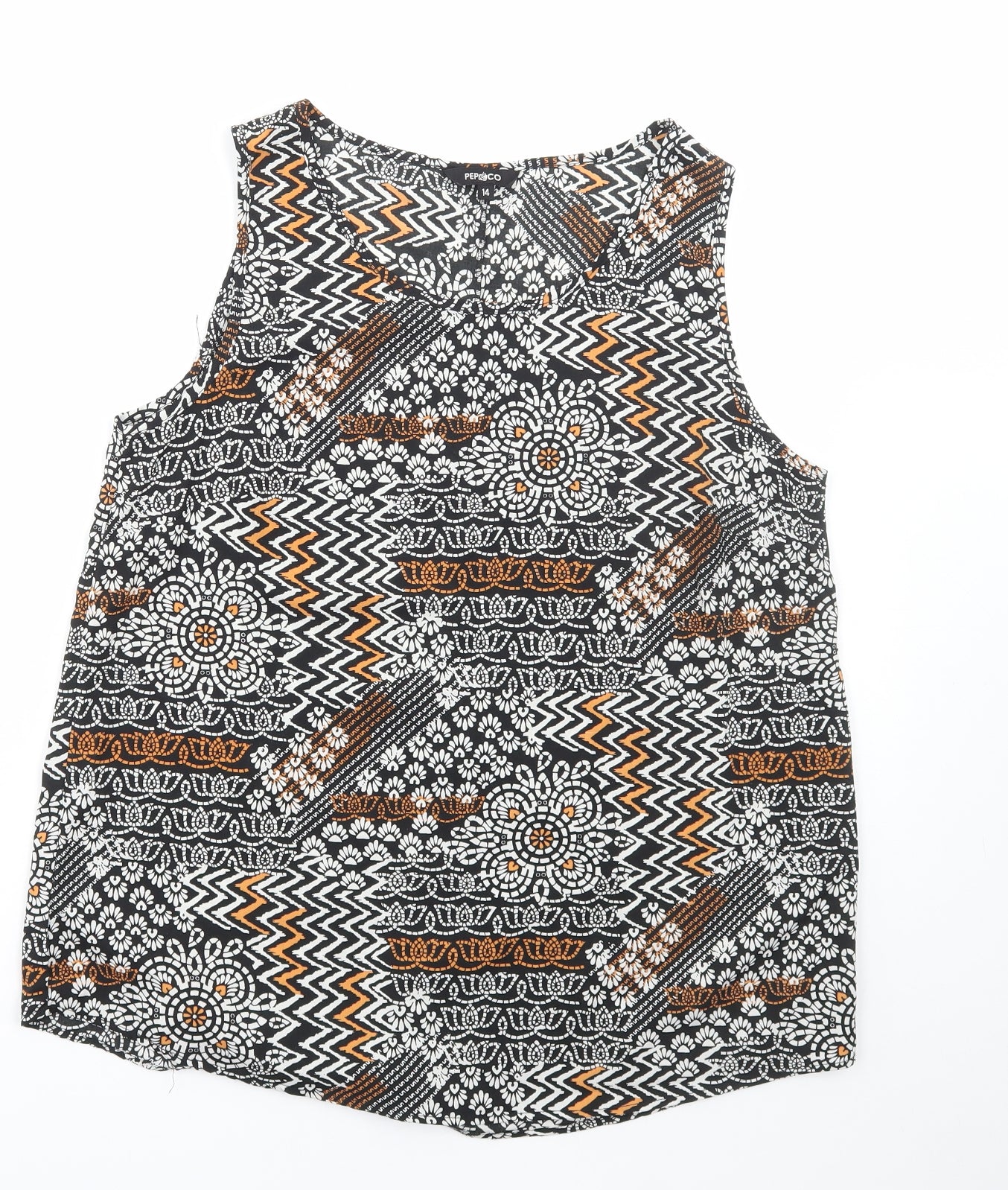 PEP&CO Womens Black Geometric Polyester Basic Tank Size 14 Round Neck