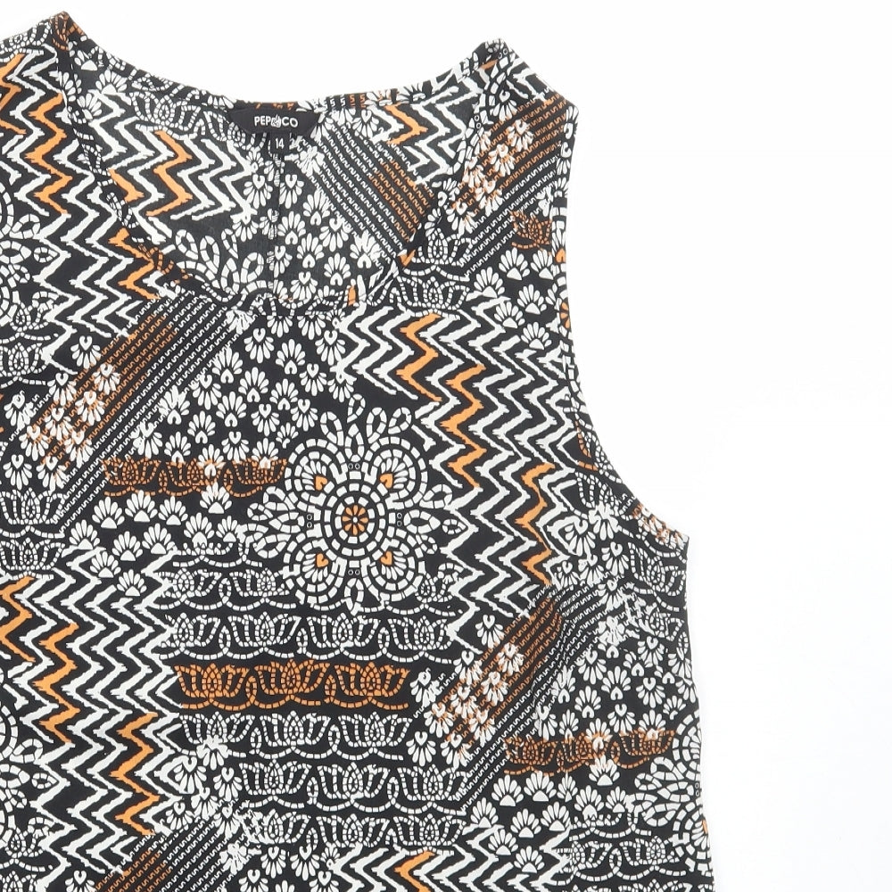 PEP&CO Womens Black Geometric Polyester Basic Tank Size 14 Round Neck