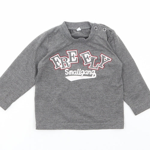 Preworn Boys Grey Cotton Basic T-Shirt Size 12 Months Round Neck Button - Small gang