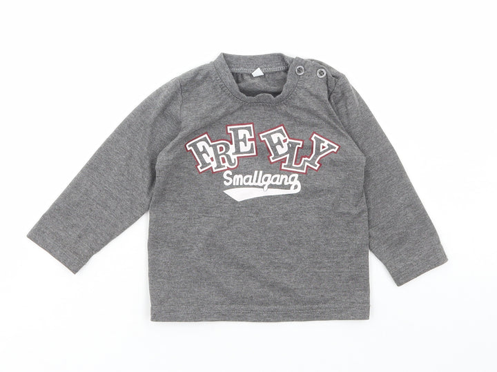 Preworn Boys Grey Cotton Basic T-Shirt Size 12 Months Round Neck Button - Small gang