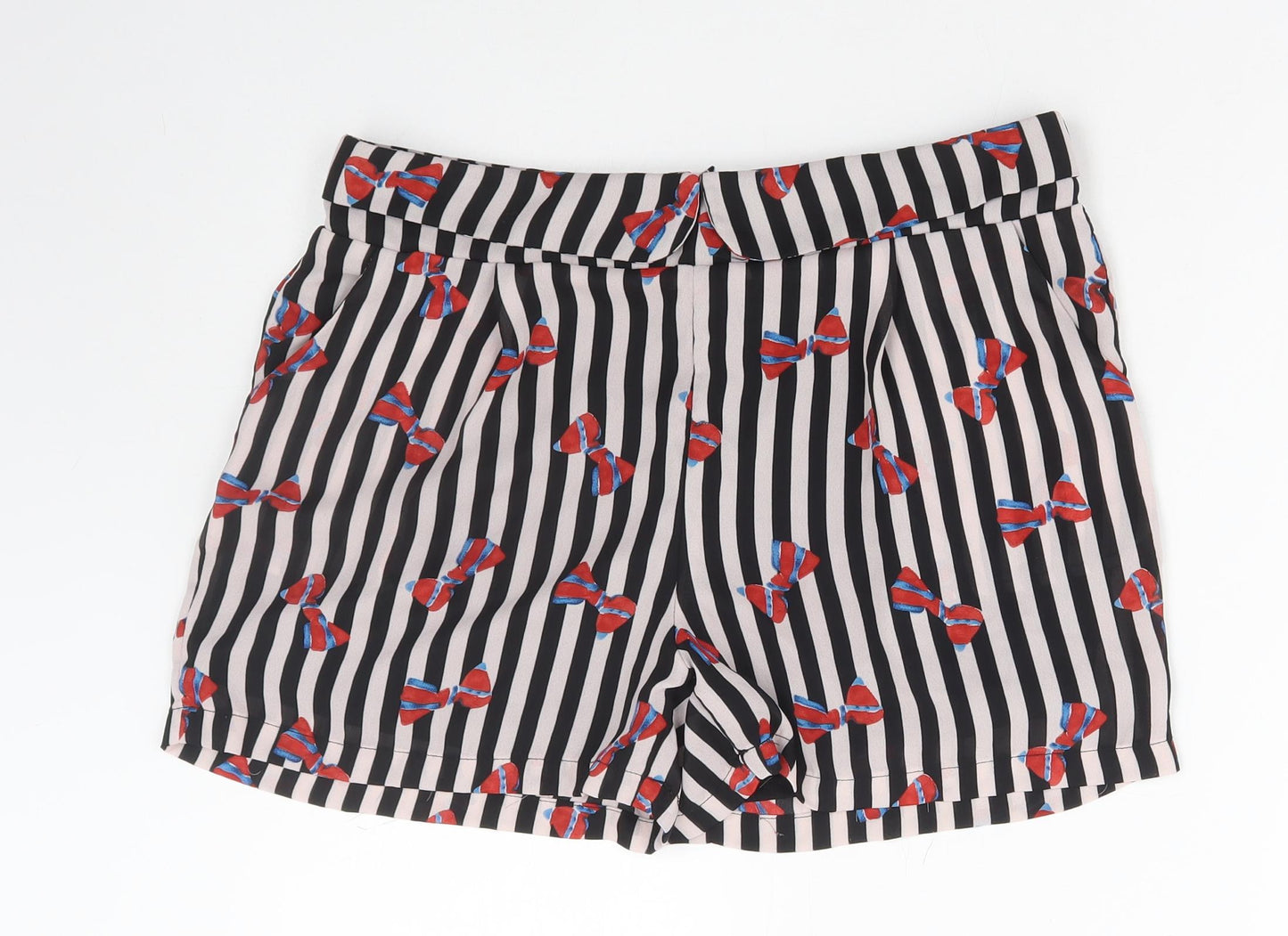 Cutie Womens Black Striped Polyester Hot Pants Shorts Size 16 L4 in Regular Zip - Bow Pattern