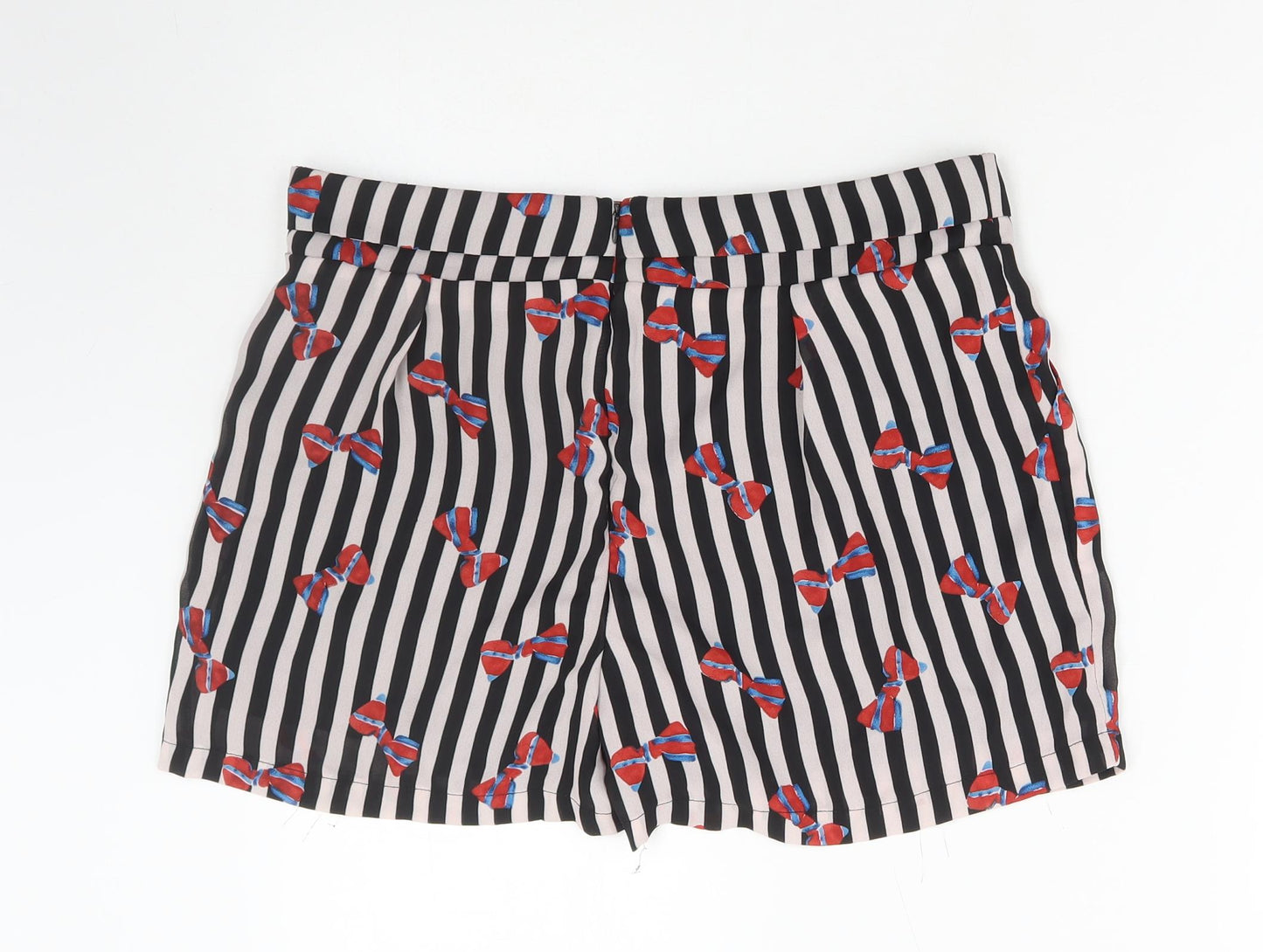 Cutie Womens Black Striped Polyester Hot Pants Shorts Size 16 L4 in Regular Zip - Bow Pattern