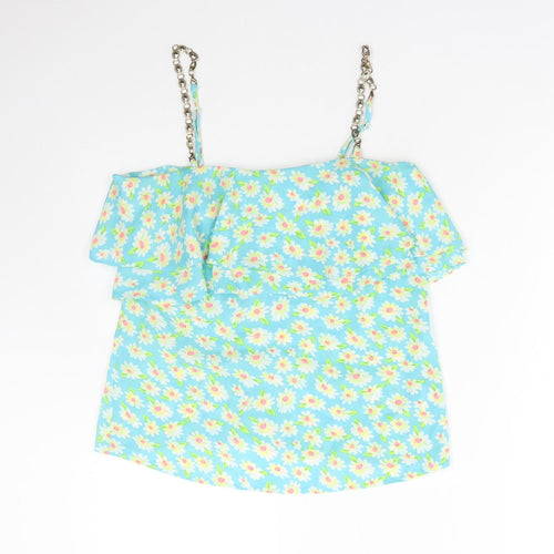 Ravi Famous Womens Blue Floral Cotton Basic Blouse Size 10 Square Neck