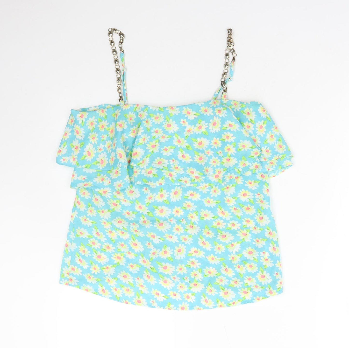 Ravi Famous Womens Blue Floral Cotton Basic Blouse Size 10 Square Neck