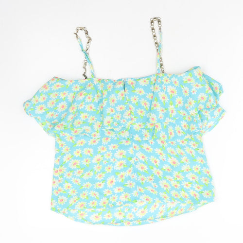 Ravi Famous Womens Blue Floral Cotton Basic Blouse Size 10 Square Neck