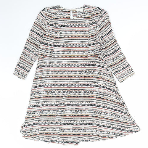 H&M Womens Multicoloured Geometric Viscose A-Line Size 10 Round Neck Button