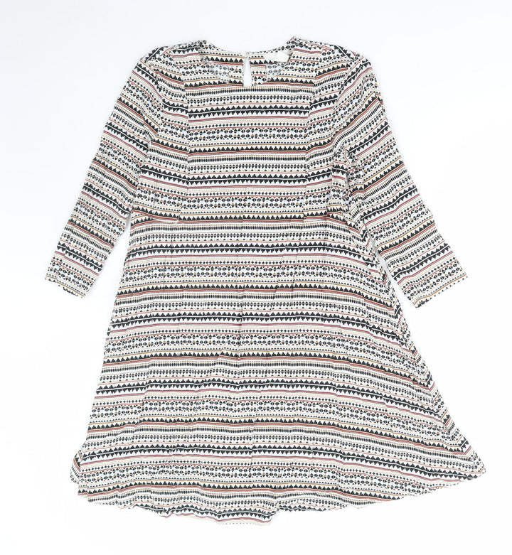 H&M Womens Multicoloured Geometric Viscose A-Line Size 10 Round Neck Button