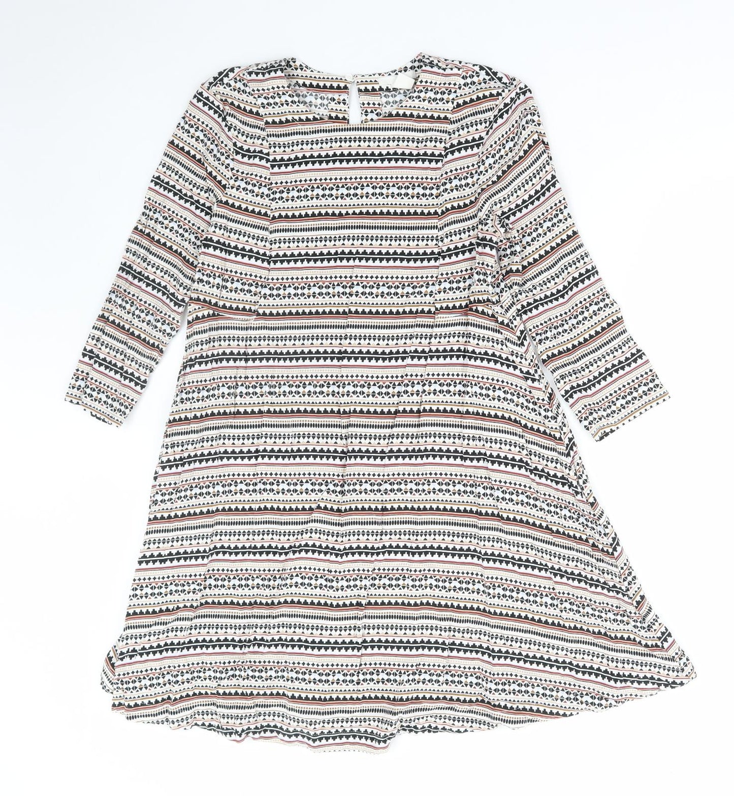 H&M Womens Multicoloured Geometric Viscose A-Line Size 10 Round Neck Button
