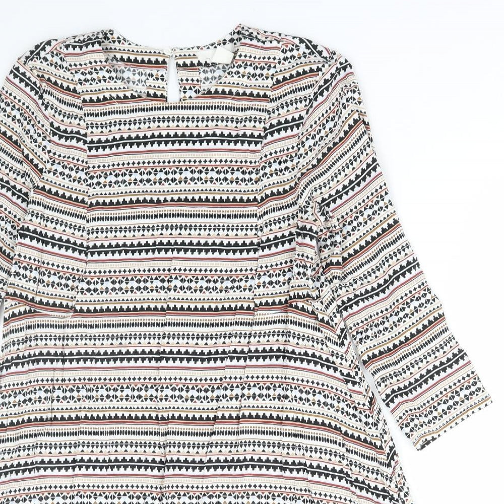 H&M Womens Multicoloured Geometric Viscose A-Line Size 10 Round Neck Button