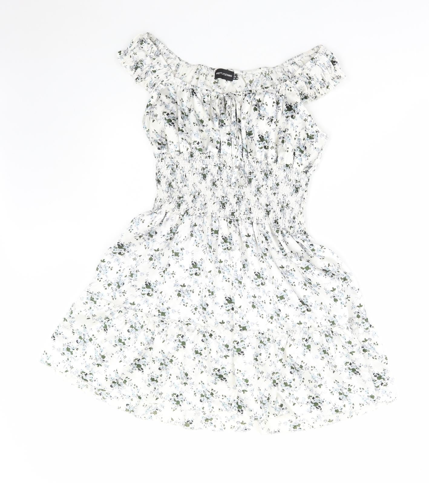 PRETTYLITTLETHING Womens White Floral Polyester Fit & Flare Size 12 Scoop Neck Pullover