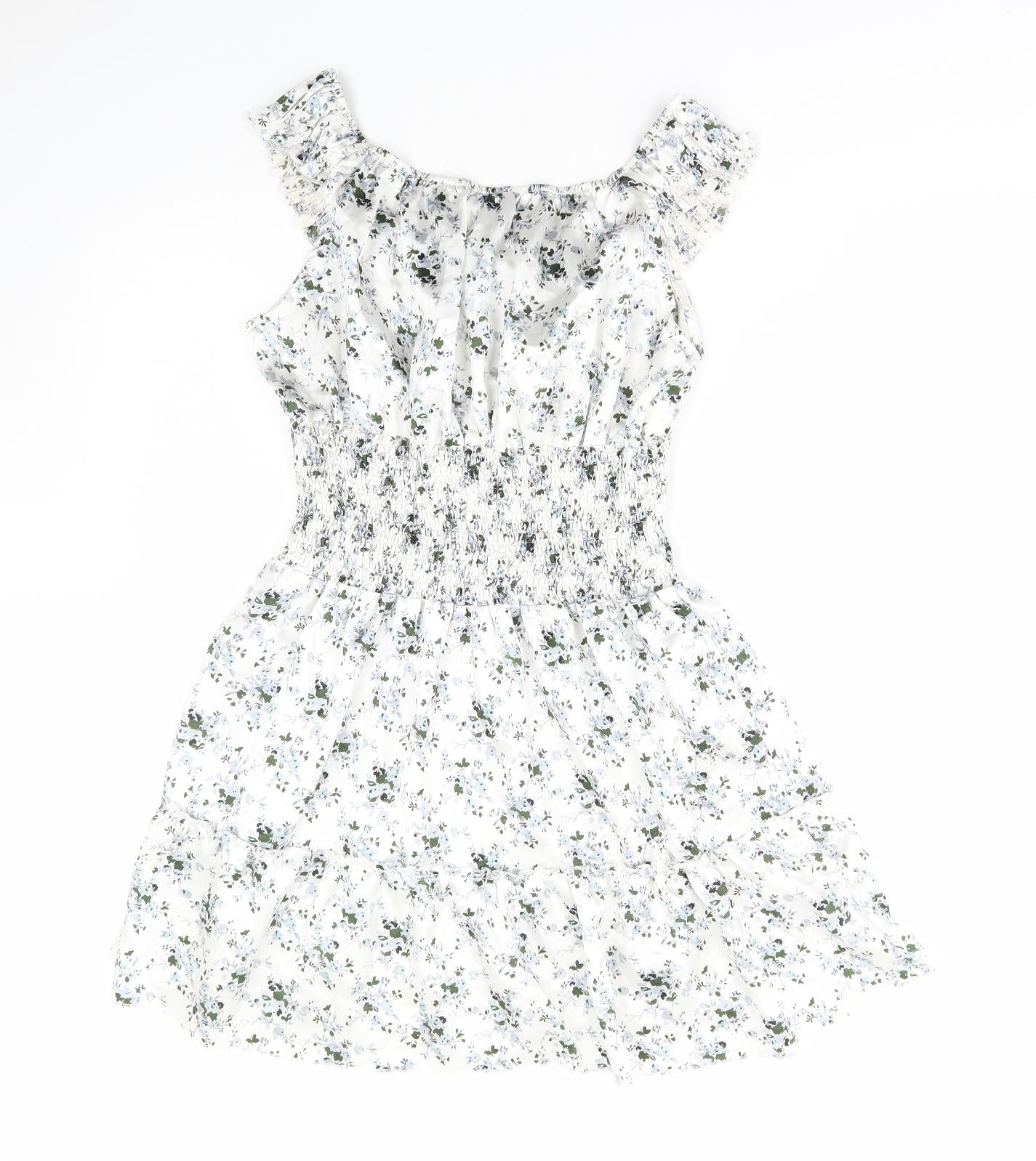 PRETTYLITTLETHING Womens White Floral Polyester Fit & Flare Size 12 Scoop Neck Pullover